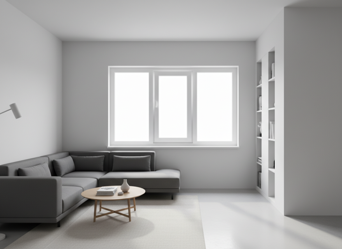 Kunststofffenster weiß, Kunststoff, dreiteiliges Fenster mit mittlerem Flügel im hellen modernen Wohnzimmer