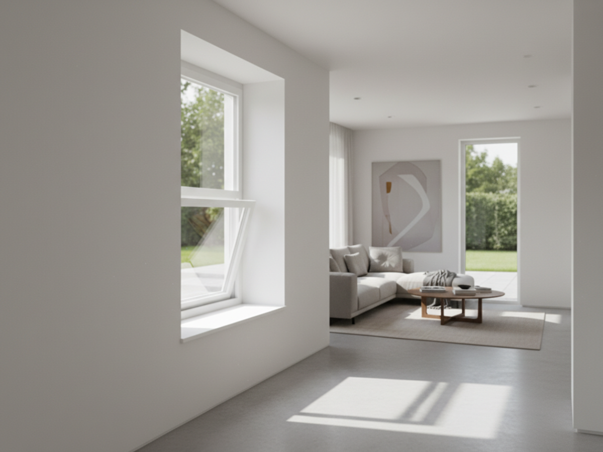 Kunststofffenster weiß, gekipptes Fenster im hellen Wohnzimmer mit Blick in den Garten