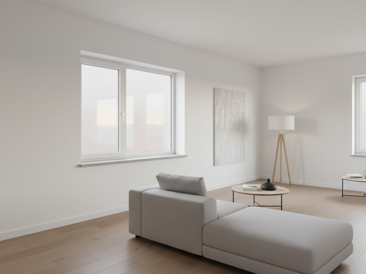 Kunststofffenster weiß, Kunststoff, zweiflügelig mit schmalem Rahmen im hellen Wohnzimmer