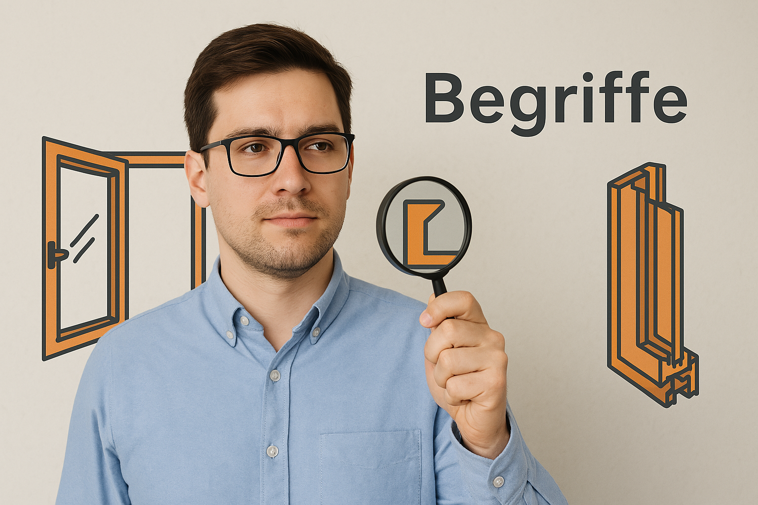 Mann mit Lupe vor grafischer Darstellung von Fensterprofilen und dem Wort „Begriffe“