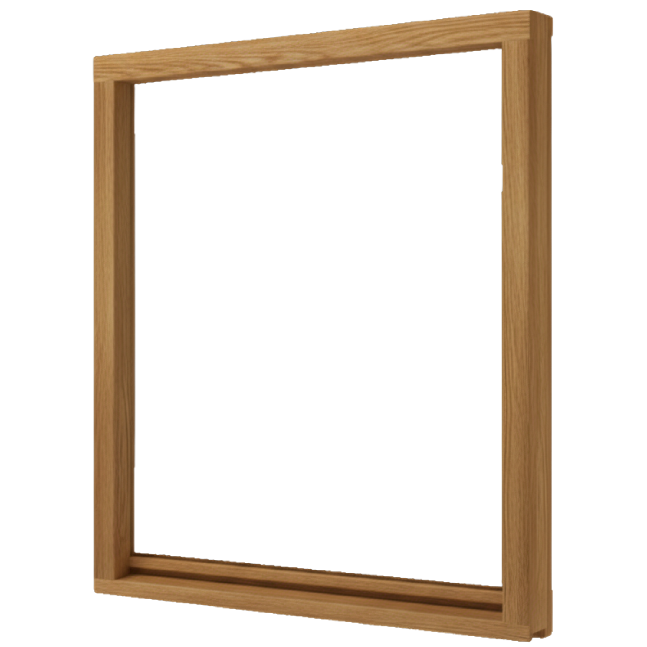 Holzfenster eichefarben aus Holz, offener rechteckiger Rahmen ohne Verglasung mit sichtbarer Holzmaserung