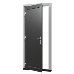 Graue Nebeneingangstür, nach innen geöffnet