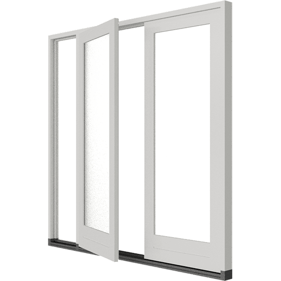 Schiebetür weiß aus Kunststoff mit großen Glasflächen, dreiteiliges Schiebeelement mit offenem Mittelteil