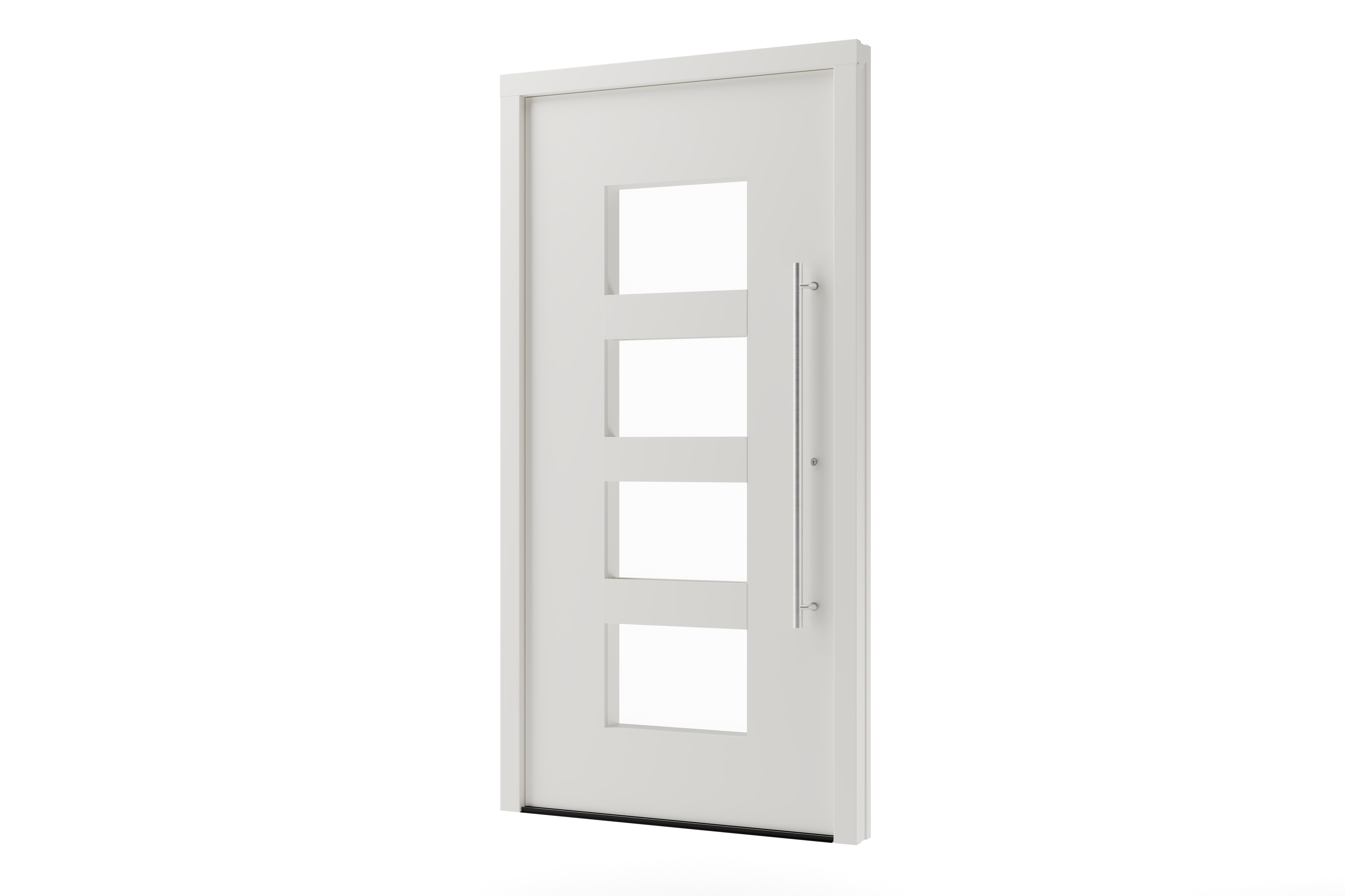 Haustür weiß aus Kunststoff mit vier mattierten Glasfüllungen, langem Edelstahlgriff und modernem Design